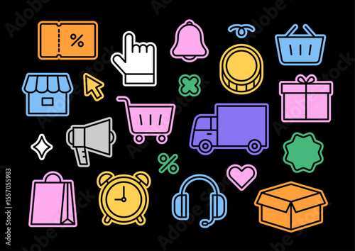 Set of colorful e-commerce shopping and delivery icons. Decorative flat vector illustration collection of online shopping. 