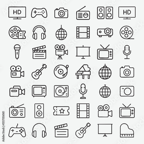 Collection of minimalist outline icons representing entertainment and media elements