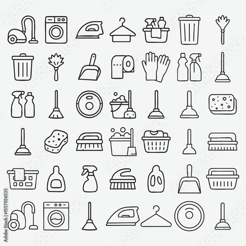 Vector illustration of various cleaning tools and household appliances with outlines on a gray background