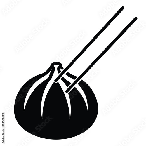 Black and white dumpling icon held by chopsticks representing east asian cuisine
