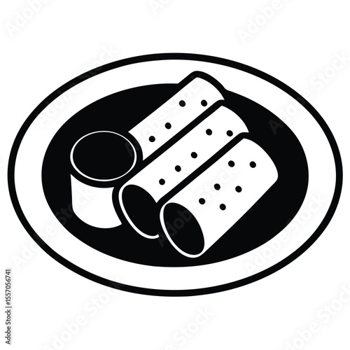 Black and white illustrated image of spring rolls and a dipping sauce on a plate
