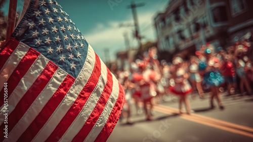 A vibrant American flag waving proudly amidst a joyful Fourth of July parade celebrating freedom with a shallow depth of