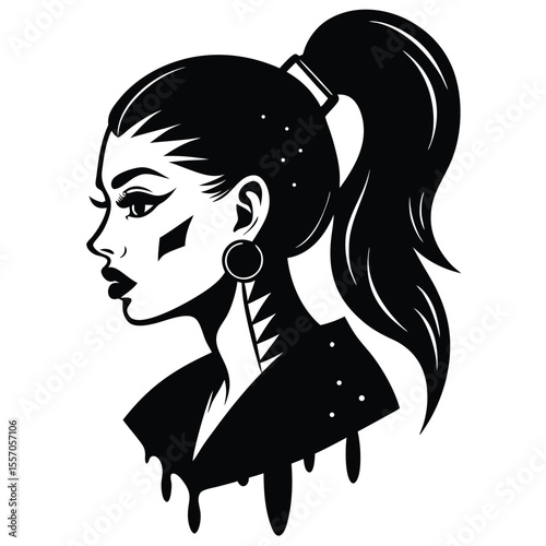 Black and white illustration of a stylish woman with bold makeup and elegant ponytail
