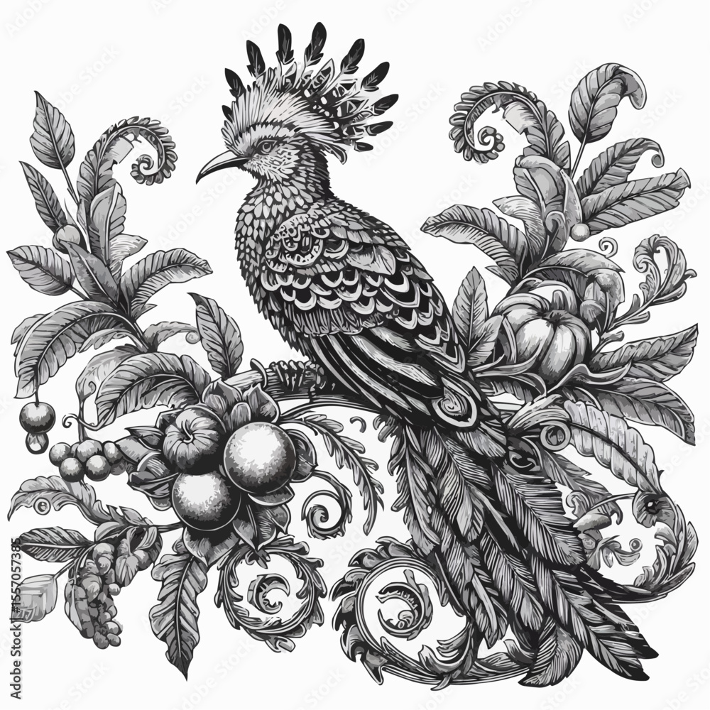 Fototapeta premium Exotic bird illustration, artistic mood, black and white detailed design, coloring page 