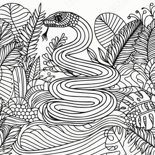Stylized black and white illustration of a snake among intricate foliage and plants