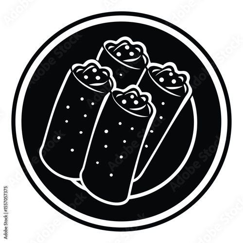 Black and white illustration of burritos served on a plate in a circular design