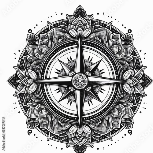Mandala compass design, artistic mood, black and white illustration, coloring page