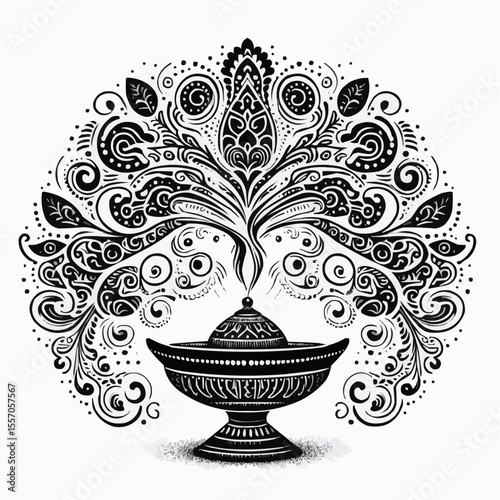 Ornate oil lamp illustration with intricate swirling patterns on a light background
