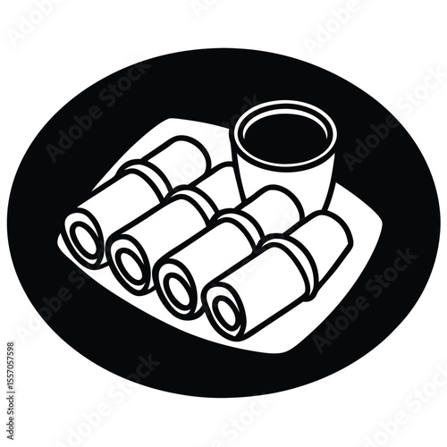 Black and white illustration of spring rolls with dipping sauce inside a black circle