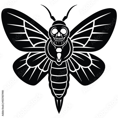 Black and white vector illustration of a death's head moth with skull design.