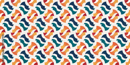 Abstract Wavy Geometric Pattern: An eye-catching, repeating geometric pattern, consisting of vibrant, overlapping waves, is a stunning display of color and form for backgrounds and design.