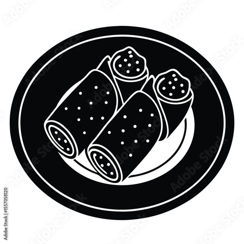 Black and white illustration of two spring rolls on a circular plate isolated on white background