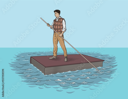 A young student guy is floating on a book raft in the ocean of knowledge.