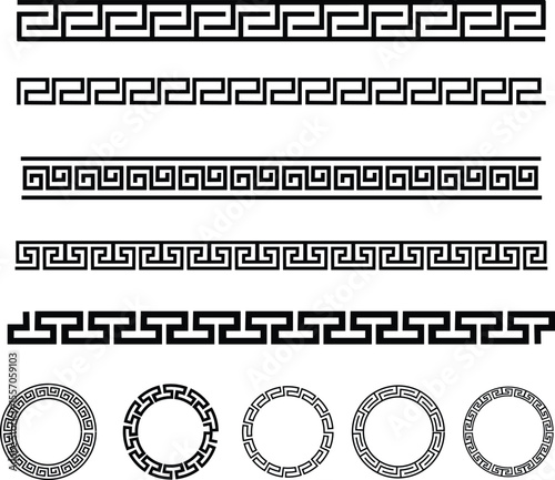 Greek style geometric seamless frames icon set isolated on transparent background. Decoration elements patterns. Vector collection frame design in grecian ancient style and meandros greek ornaments.