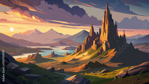 Majestic view of the Old Man of Storr rock formation at sunrise on the Isle of Skye, Scotland. Dramatic golden light illuminates the rugged cliffs and iconic pinnacles