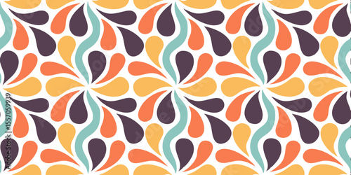Swirling Petal Pattern: A vibrant and dynamic repeating pattern featuring swirling petal-like shapes in a captivating array of colors, perfect for adding a touch of retro flair to any design.