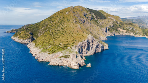 Tableau sur toile Aerial photo of Punta Campanella in Massa Lubrense, the extreme tip of the Sorrento Peninsula with the ancient Saracen tower