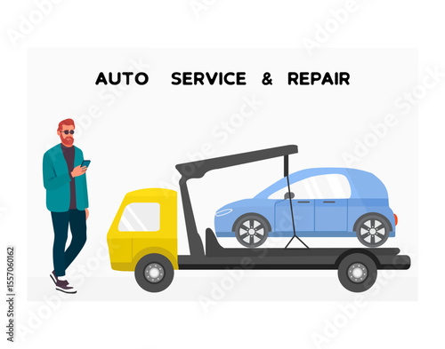 Tow truck transporting blue car with man standing next to it, concept of auto service repair