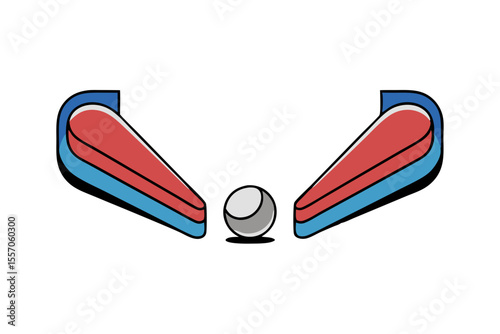 Illustration of two pinball flippers and a silver ball, retro arcade element, isolated on transparent background
