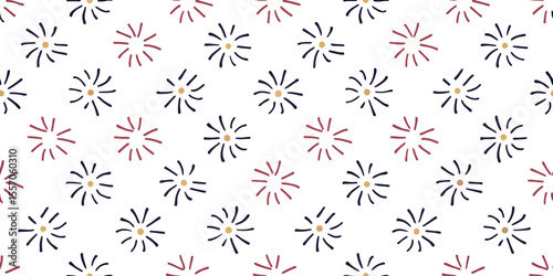 Floral Burst Pattern: A cheerful repeating pattern of stylized floral bursts in navy, dusty rose, and gold on white background. Perfect for textile prints, gift wrap, and scrapbooking.