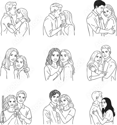 A heartwarming collection of nine minimalist line art illustrations depicting diverse couples in various affectionate and intimate poses