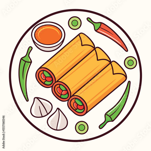 Colorful illustration of delicious spring rolls on a plate with accompaniments of chilis and sauce