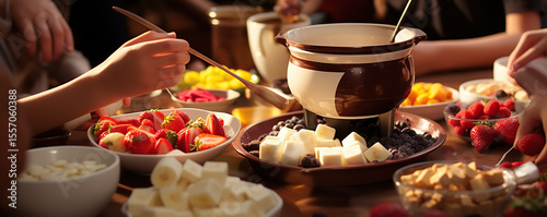 Friends enjoying a chocolate fondue party with fresh fruits and treats in an inviting indoor setting