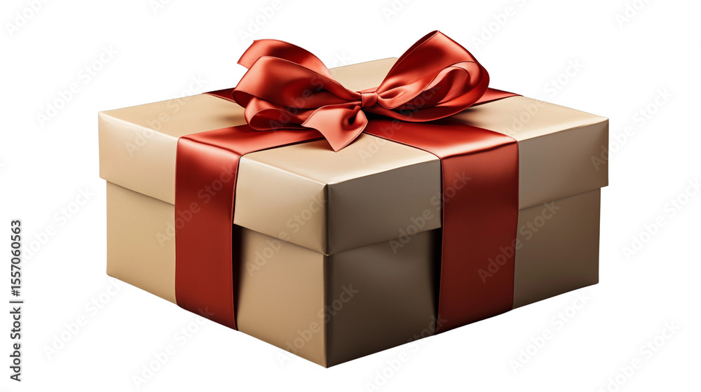 Fototapeta premium Elegant tan gift box tied with a red satin ribbon and bow presents a classic holiday celebration, isolated for easy design integration transparent.