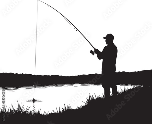 silhouette of a person fishing from a grassy bank by a lake, with mountains and trees in the distant background under a clear sky