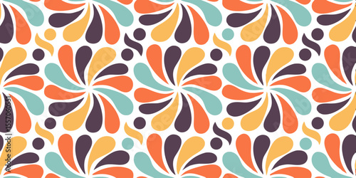 Retro Floral Pattern: A seamless, vibrant pattern featuring stylized floral shapes, exuding a sense of joy and positivity, perfect for adding a touch of retro charm to any design.