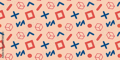 Geometric Pattern Play: An artful symphony of red and blue geometric shapes on peach canvas, a playful repeat pattern.