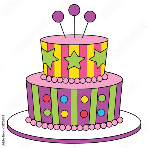 Colorful two tiered birthday cake with star decorations and party elements on a white background