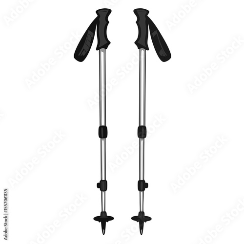 Folding trekking poles with rubber handles and spikes, isolated on transparent background
