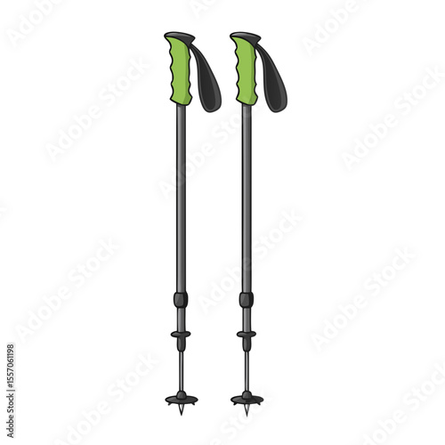 Vector illustration of folding trekking poles with lime green rubber handles and spikes, isolated on transparent background