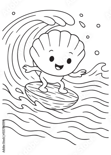 Photography coloring book page shell surfing on wave smiling
