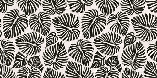 Black and White Monstera Leaves Pattern: A stylish seamless pattern featuring black and white illustrations of monstera deliciosa leaves.