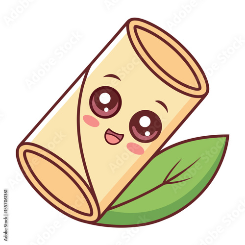 Cute kawaii spring roll with smiling face and green leaf for food design illustration