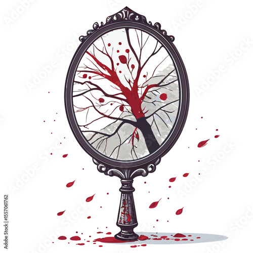 A cracked mirror displays a blood-splattered, malevolent reflection, embodying a sinister horror.