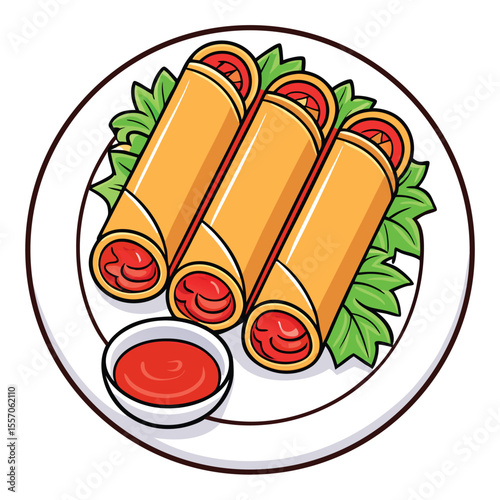 Delicious cartoon illustration of spring rolls with dipping sauce served on a plate