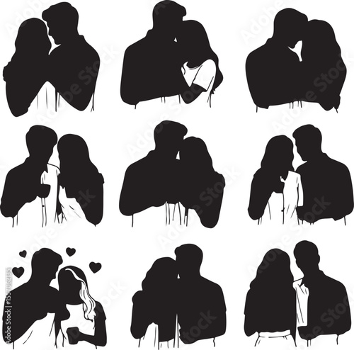 A collection of nine black silhouettes capturing various intimate moments between couples, emphasizing love and closeness