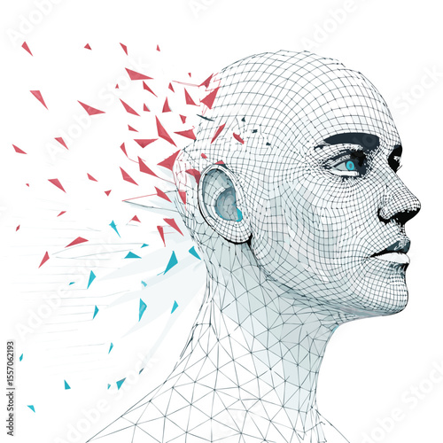 A digitally rendered 3D wireframe human face, intricate and abstract, appears to dissolve into a myriad of particles.