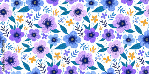 Colorful seamless floral purple blue green pattern with hand-drawn flowers and leaves on white. Ideal for fabric prints, wallpapers, gift wrap, stationery, textile, and spring or summer-themed designs