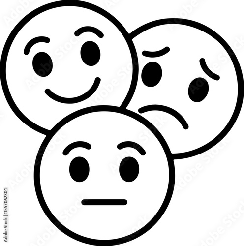 Three simple cartoon faces showing different emotions happy neutral and sad