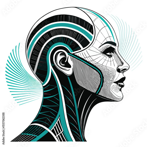 A futuristic AI head, abstractly rendered with translucent, layered digital mesh and dynamic motion effects.