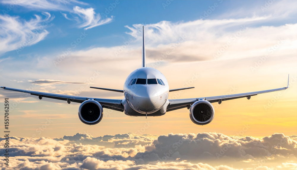 Obraz premium Airplane Flying Against a Backdrop of Fluffy Clouds in Clear Blue Sky