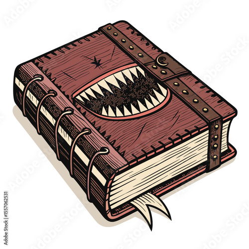 A macabre, cursed book featuring a cover adorned with sharp teeth and crude stitching.