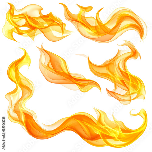  Curved swirling fire flames set in motion, dynamic effect, isolated on white background PNG