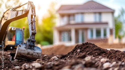 Compact mini excavator at work near a home, perfect for construction or landscaping needs