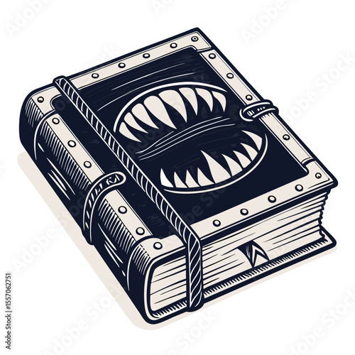 An ancient, sinister grimoire with gnashing teeth embedded in its cover, crudely stitched together.