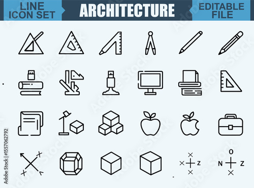 Architecture and design isolated icons set. Set of architectural project, blueprint, apartment plan, floorplan, divider, architecture drawing, architect, design tools vector icon